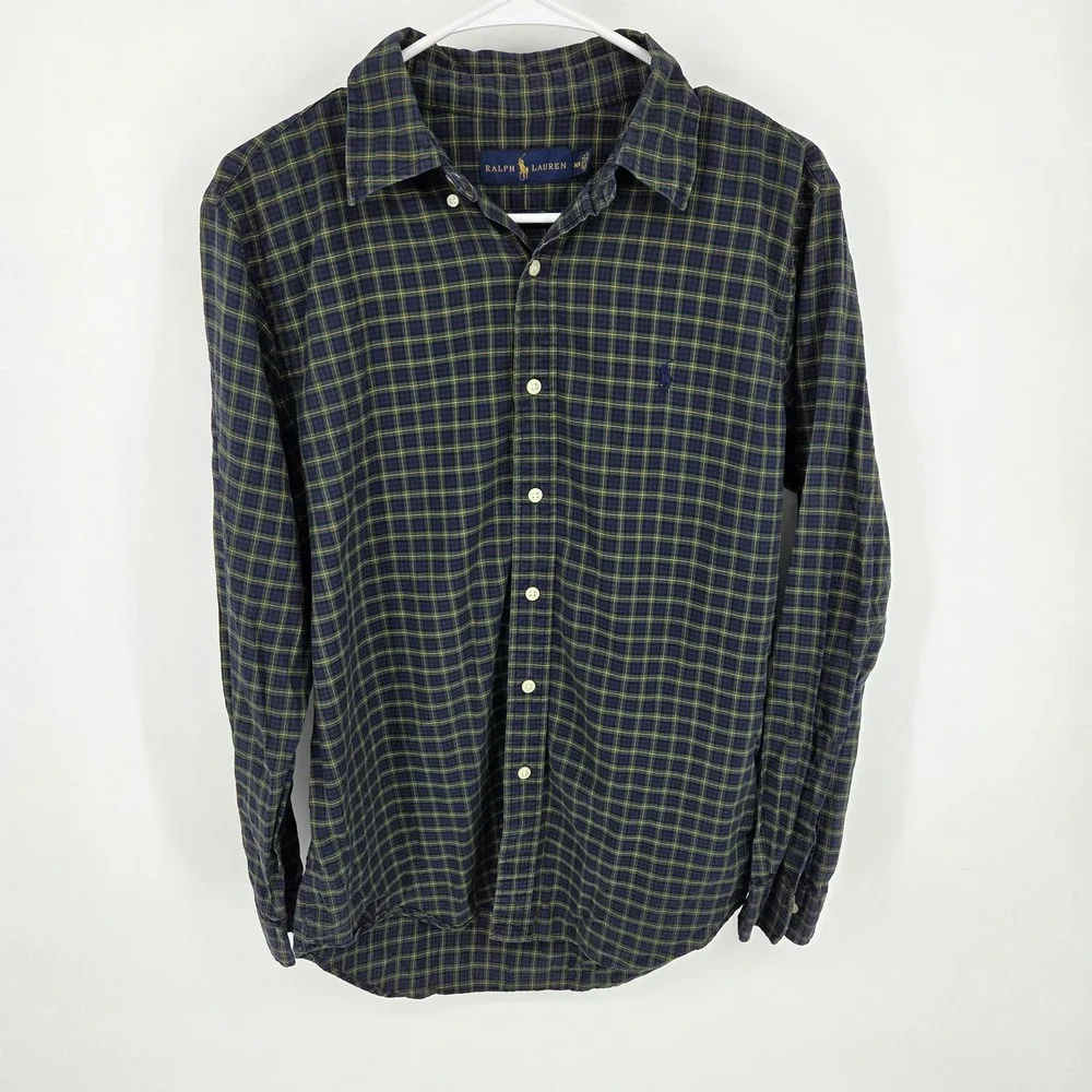 Polo Ralph Lauren Shirt Men's Long-Sleeve Plaid Button Down Navy Green Medium